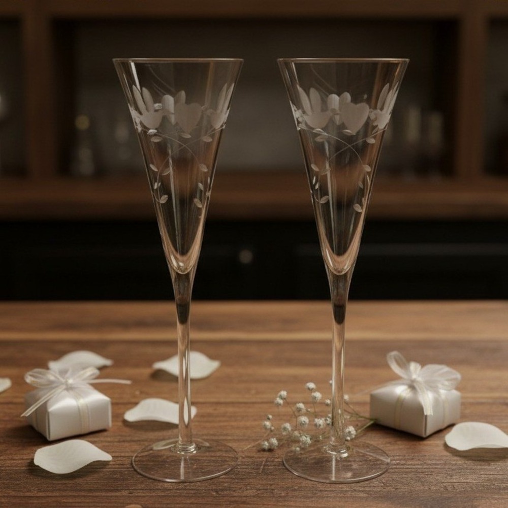 Shannon Crystal Pair Champagne Flutes Etched Dove Birds Heart Vintage 1999